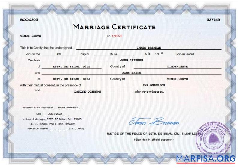 Printable Timor Leste marriage certificate Word and PDF template